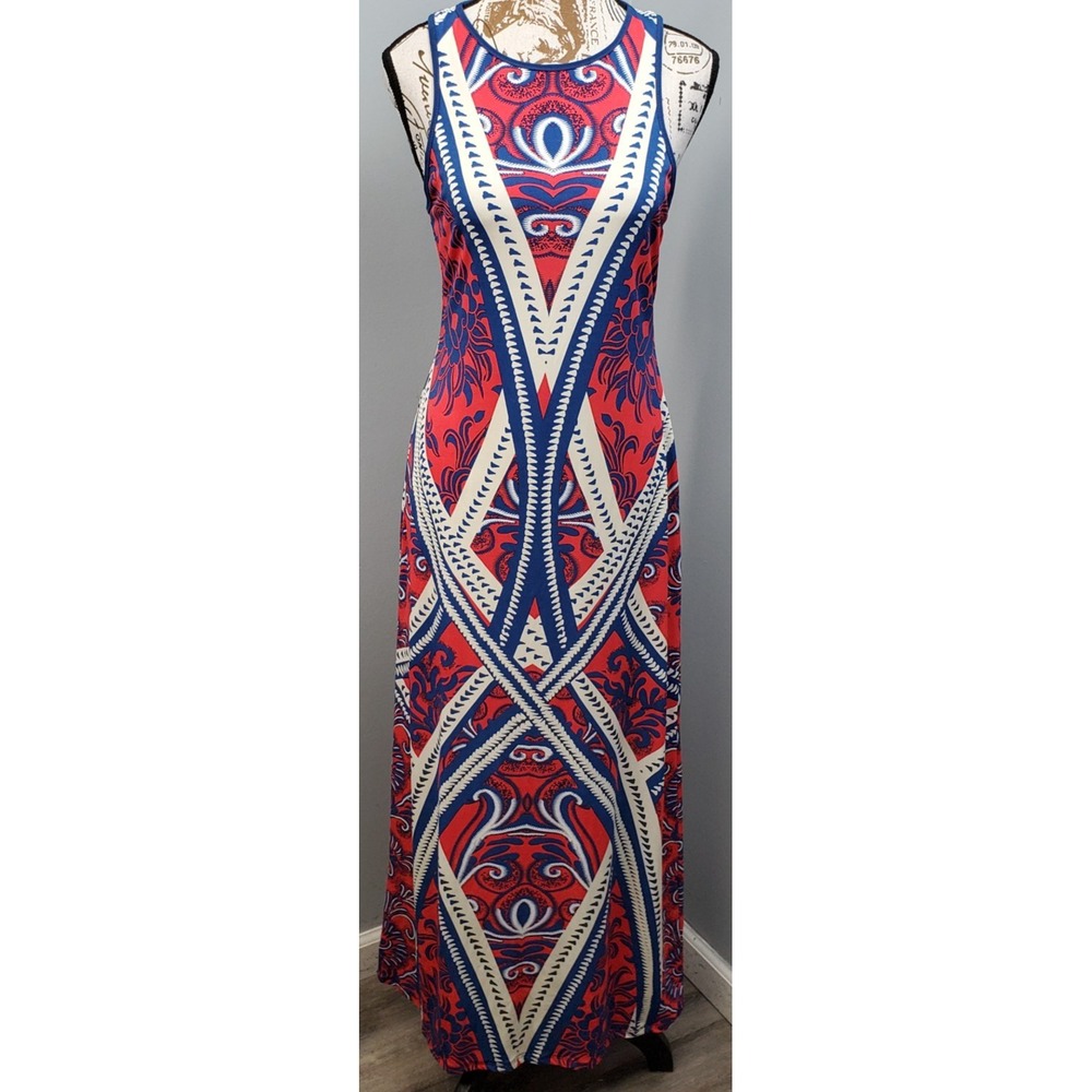 Bisou Bisou Maxi Dress Womens 6 Multi Geometric Sleeveless Round Neck Zip Back